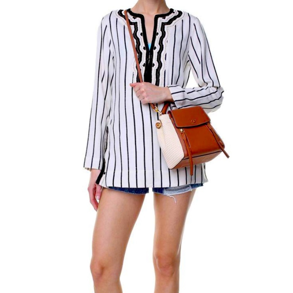 NEW / Tory Burch / Embroidered-Rayon Striped Tunic In Unico